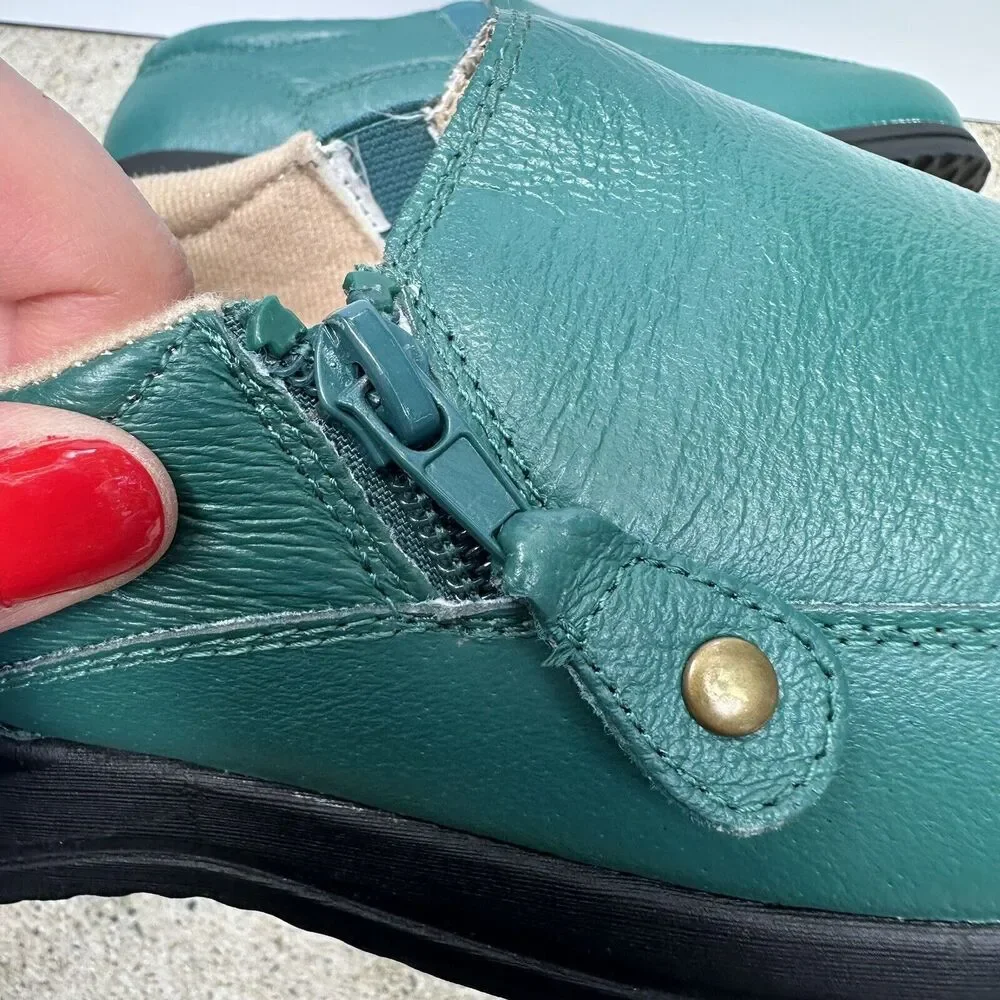 Dr Scholls Side Zip‎ Loafers Women Sz 8.5 W Green Comfort E4H-PY 902337 Leather